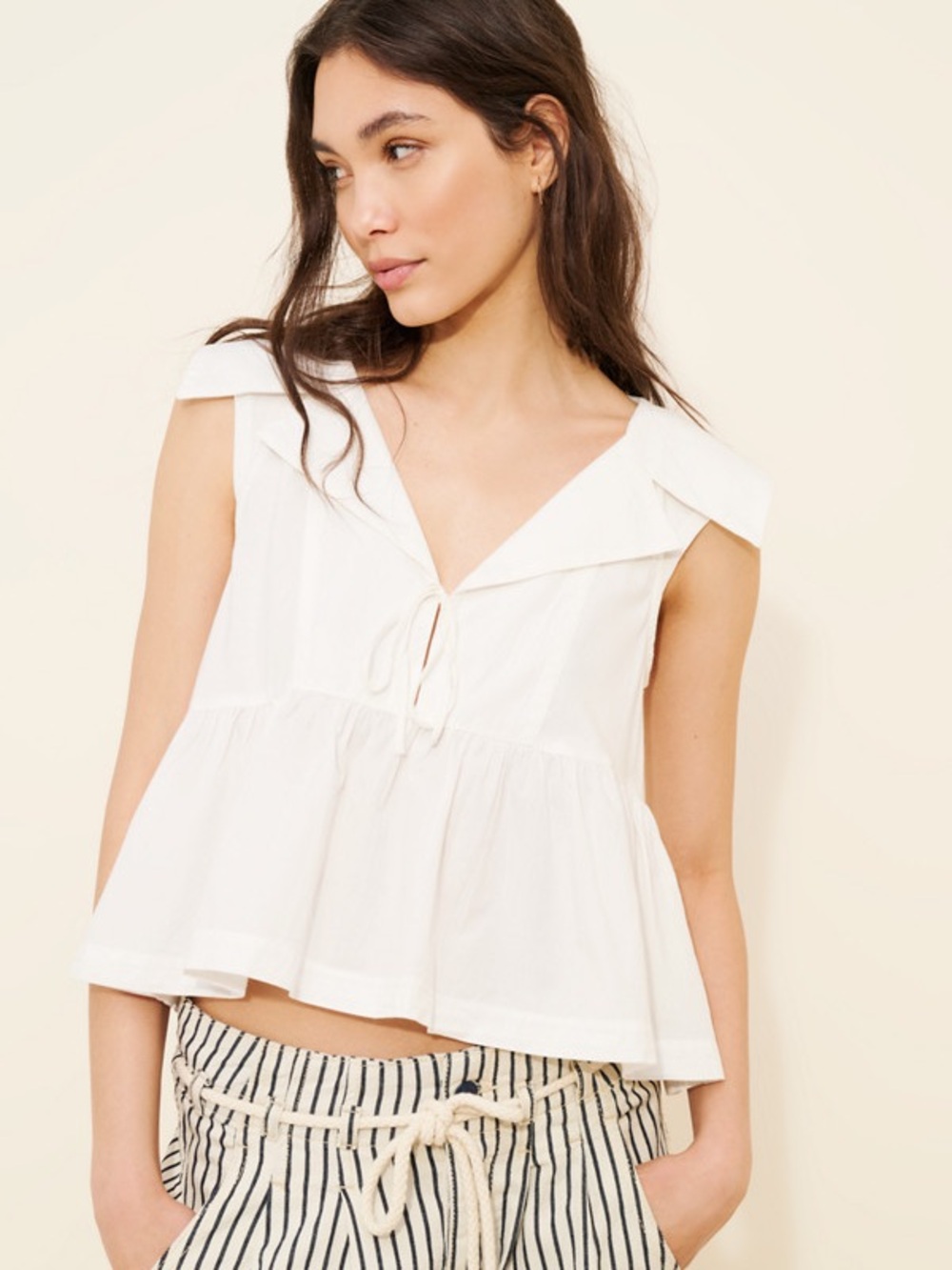 Anthropologie | Maeve Babydoll White Tie-Front Top, Size L NWT